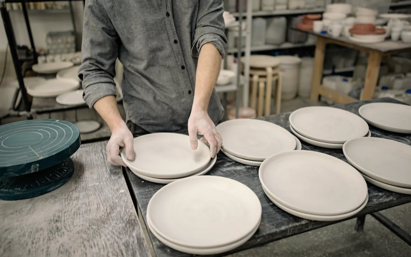 Mâini cu mănuși care verifică farfurii de ceramică